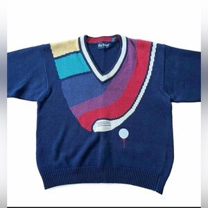 PAR FOUR Pullover V-Neck Sweater Heavy Knit Ramie Cotton Golf Graphic Men’s M